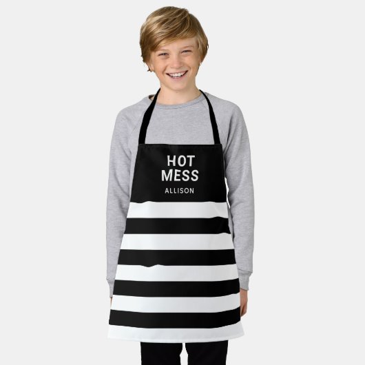 Kinder Funny Hot Mess Black Stripes, gepersonalise Schort (Gedragen)