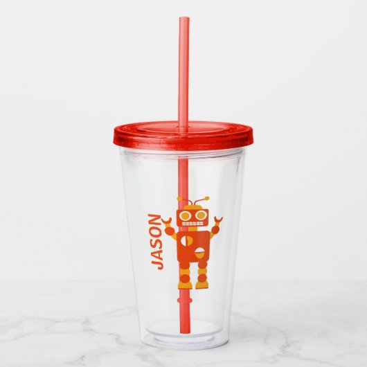 Kinder Funny Oranje Robot Persoonlijke jongens Acryl Drinkbeker (Voorkant)