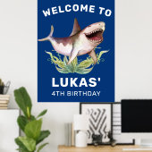 Kinder Funny Shark Blue Birthday Party Welkom Poster (Thuiskantoor)