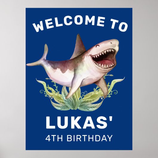 Kinder Funny Shark Blue Birthday Party Welkom Poster (Voorkant)