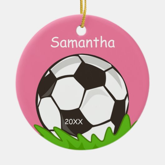 Kinder gepersonaliseerd Voetbal Roze Keramisch Ornament (Voorkant)