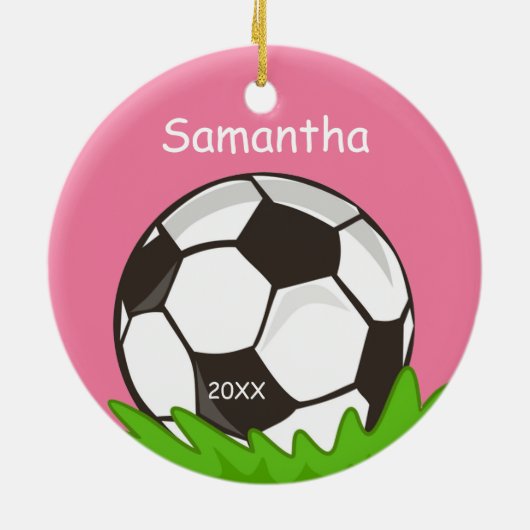 Kinder gepersonaliseerd Voetbal Roze Keramisch Ornament (Achterkant)