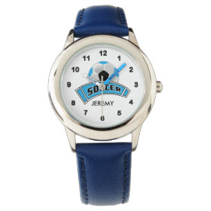 Kinder gepersonaliseerde blauwe voetbal horloge