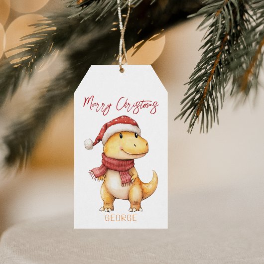 Kinder gepersonaliseerde dinosauruskerst cadeaulabel