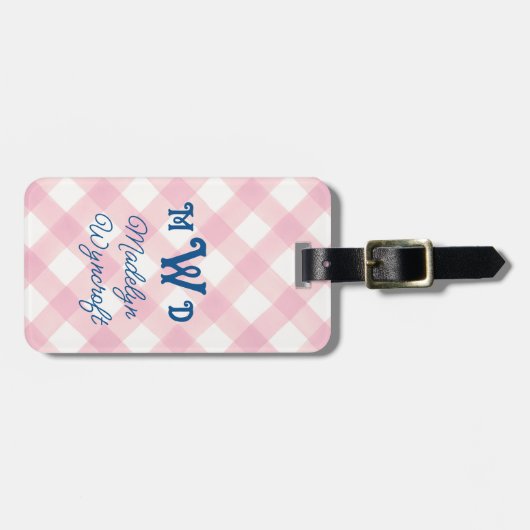 Kinder Gepersonaliseerde Roze Monogram Gingham Bag Bagagelabel (Voorkant horizontaal)