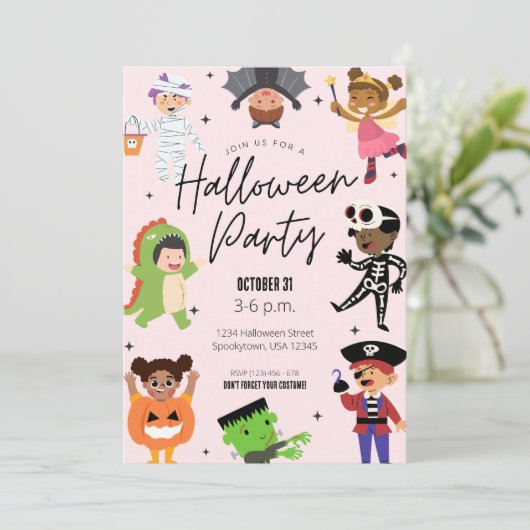 Kinder Halloween kostuum party uitnodiging (Staand voorkant)