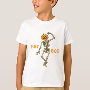 Kinder Halloween Skeleton Pumpkin Head "Hey Boo!" T-shirt