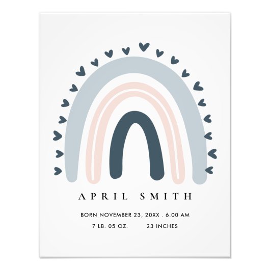 KINDER HARTS BLUSH BLUE RAINBOW BABY BIRTH STATS FOTO AFDRUK (Voorkant)
