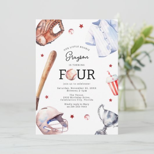 Kinder honkbal vierde verjaardag uitnodiging (Staand voorkant)