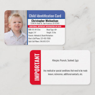 Kinder ID Identificatie Nood Allergie Foto Visitekaartje