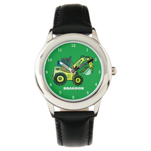 Kinder Jongens Bouw Graafmachine Naam Horloge (Voorkant)