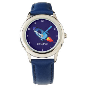 Kinder Jongens Rocket Space Blue Astronaut Naam Horloge