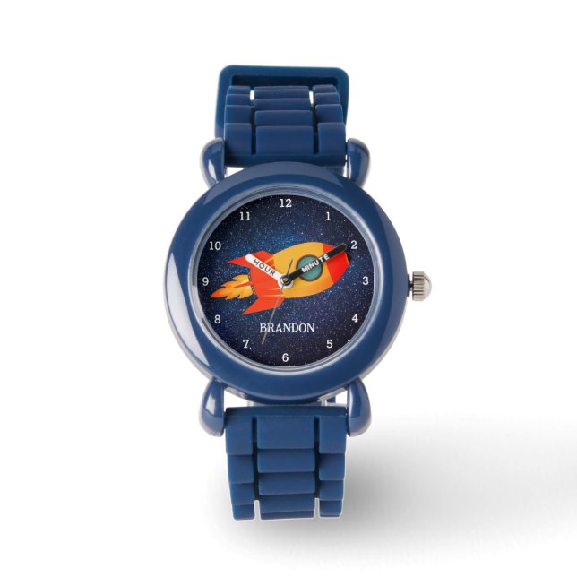 Kinder Jongens Rocket Space Blue Astronaut Naam Horloge (Voorkant)