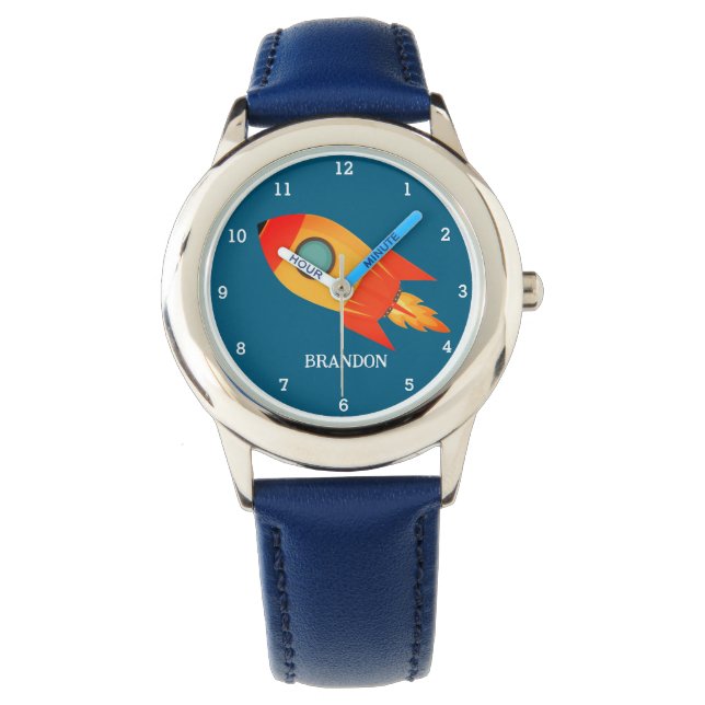 Kinder Jongens Rocket Space Blue Astronaut Naam Horloge (Voorkant)