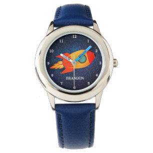 Kinder Jongens Rocket Space Blue Astronaut Naam Horloge