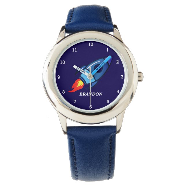 Kinder Jongens Rocket Space Blue Astronaut Naam Horloge (Voorkant)