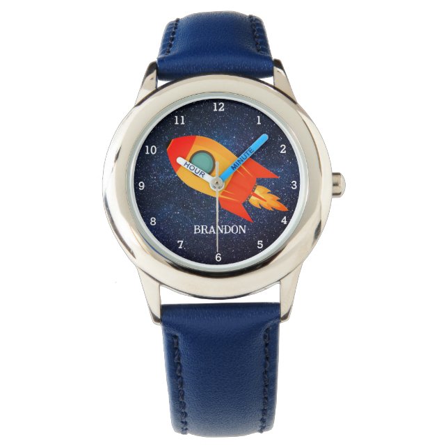 Kinder Jongens Rocket Space Blue Astronaut Naam Horloge (Voorkant)