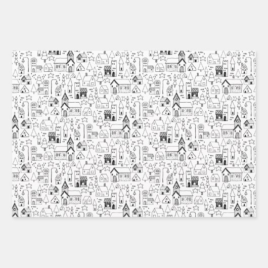 Kinder kerstdorp Whimsical Black & White Inpakpapier Vel (Voorkant)