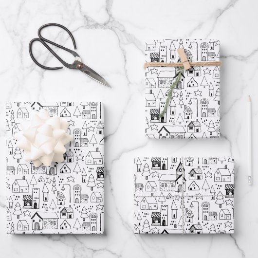 Kinder kerstdorp Whimsical Black & White Inpakpapier Vel (Voorkant)