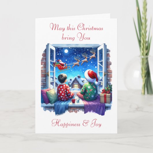 Kinder Kerstman kijken op kerstavond Feestdagen Kaart (Voorkant)