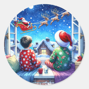 Kinder Kerstman kijken op kerstavond Ronde Sticker