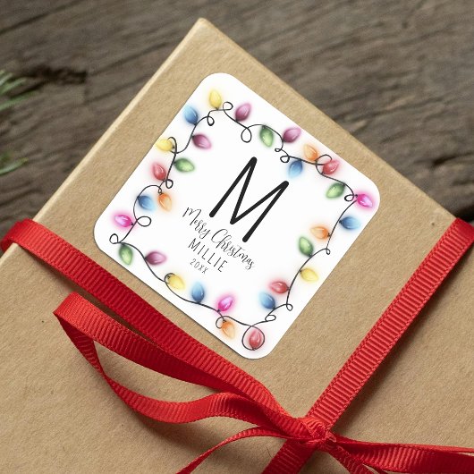 Kinder kerstverlichting monogram vierkante sticker