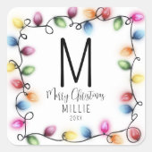 Kinder kerstverlichting monogram vierkante sticker (Voorkant)
