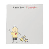 Kinder kleine stokjongen grijs rood geel met naam notitieblok (Voorkant)