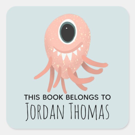 Kinder Kute Pink Monster School Bookplaat Vierkante Sticker (Voorkant)