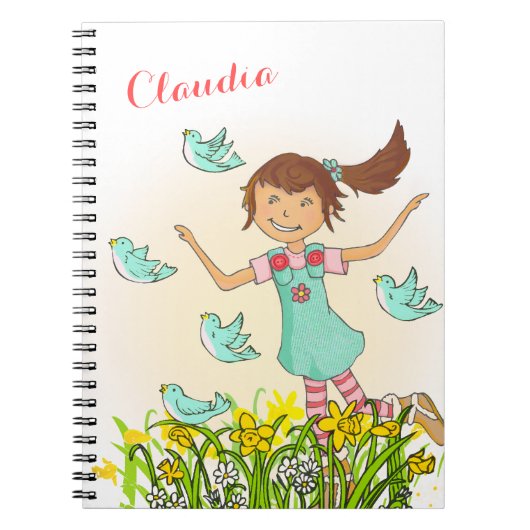 Kinder laptop voor lente-meisjes die op vogels jag notitieboek (Voorkant)