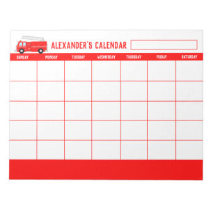 Kinder maandelijkse kalender voor Red Fire Truck Notitieblok