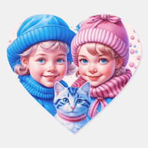  Kinder met blauw en roze Kittens Kerst Hart Sticker