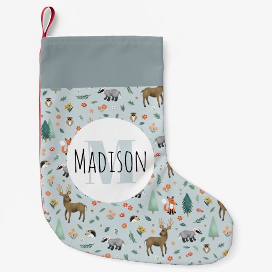 Kinder monogram Cute Rustic Woodland Forest Animal Kleine Kerstsok (Voorkant)
