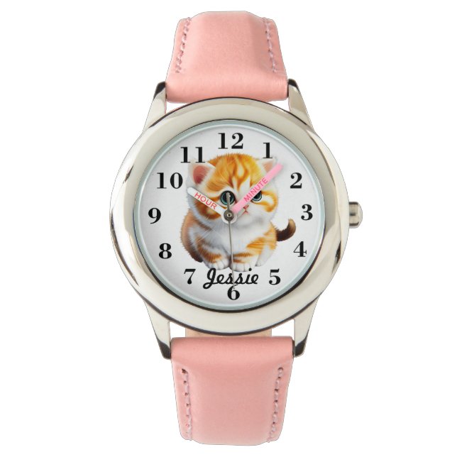 Kinder Monogramed Kitten Horloge (Voorkant)