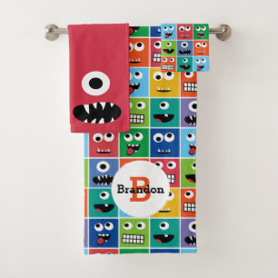Kinder Monster Face Pattern Colorful Monogram Boys Bad Handdoek