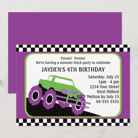 Kinder Monster Truck Racing Birthday Party Kaart (Voorkant / Achterkant)