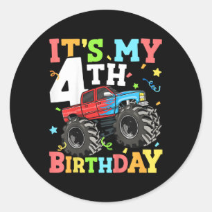 Kinder monstertruck is mijn 4e verjaardag Boy 4 Fo Ronde Sticker