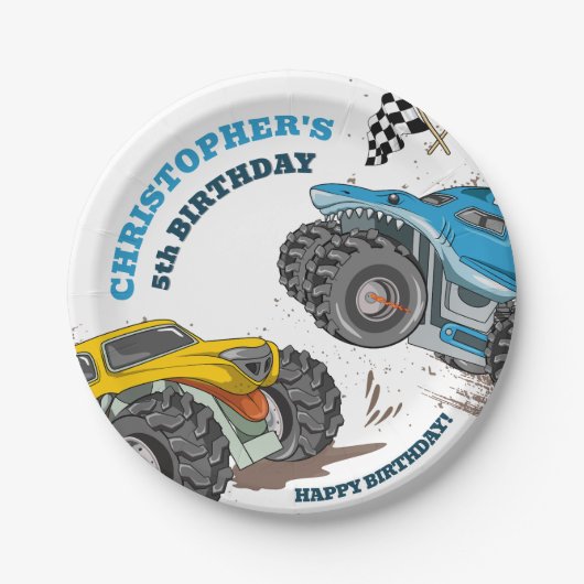 Kinder monstertrucks zijn jarig papieren bordje (Voorkant)