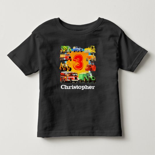 Kinder Naam Aangepaste Naam Bouwwagen 3e Verjaarda Shirts (Voorkant)