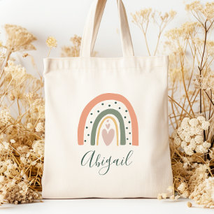 Kinder naam Boho Rainbow Heart Earth Tones Tote Bag