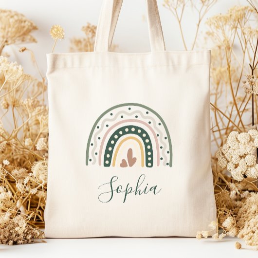 Kinder naam Boho Rainbow Stippen Earth Tones Tote Bag
