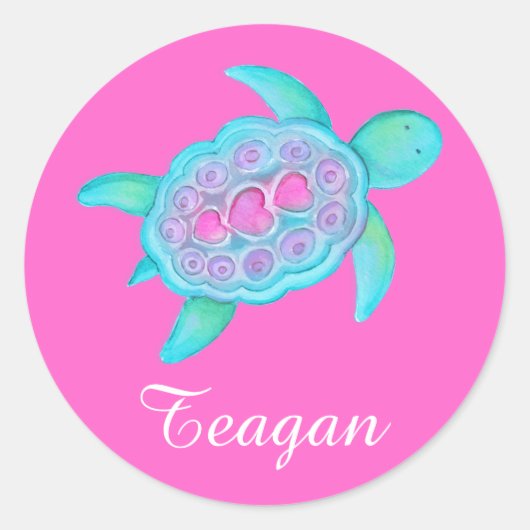 Kinder naam ID schildpad harten roze stickers x4 o (Voorkant)