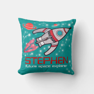Kinder naam Rocket Space Explorer rood blauwgroen  Kussen