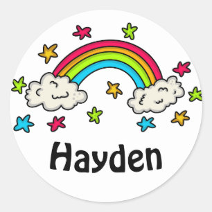 Kinder naam van kleurrijke regenboog en sterren ronde sticker
