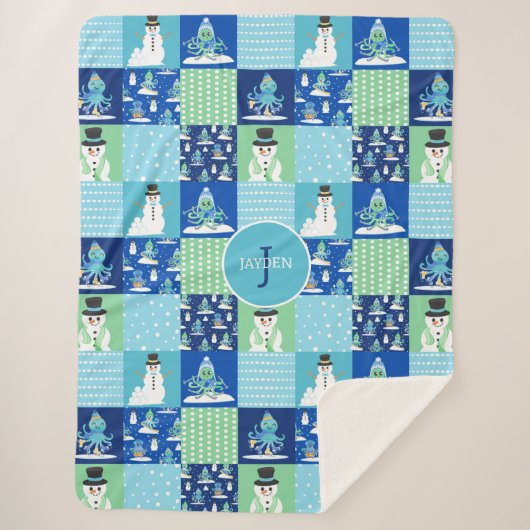 Kinder Octopus Wintersport Patchwork gepersonalise Sherpa Deken (Voorkant)