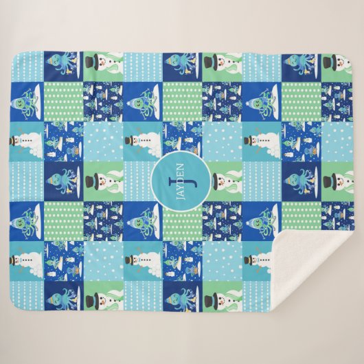 Kinder Octopus Wintersport Patchwork gepersonalise Sherpa Deken (Voorkant (horizontaal))