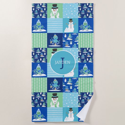 Kinder Octopus Wintersport Patchwork gepersonalise Strandlaken (Voorkant)