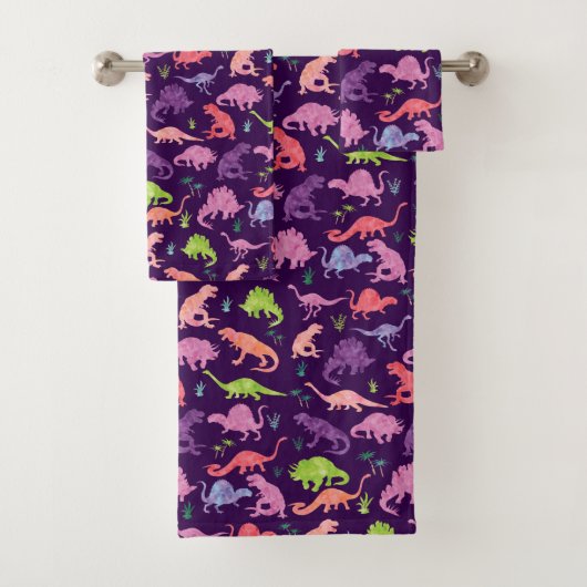 Kinder Paarse roze Waterverf Dinosaur Patroon Bad Handdoek (Insitu)
