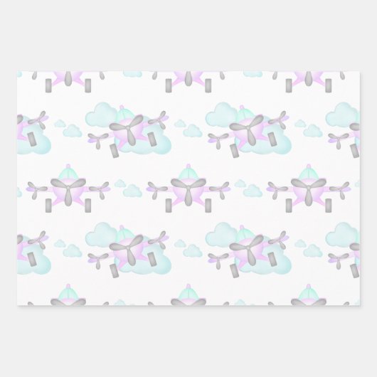 Kinder Paarse Vliegtuig Vliegende Luchtvaart Verja Inpakpapier Vel (Voorkant 2)