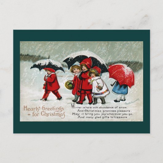 Kinder paraplu's in de sneeuw feestdagenkaart (Voorkant)